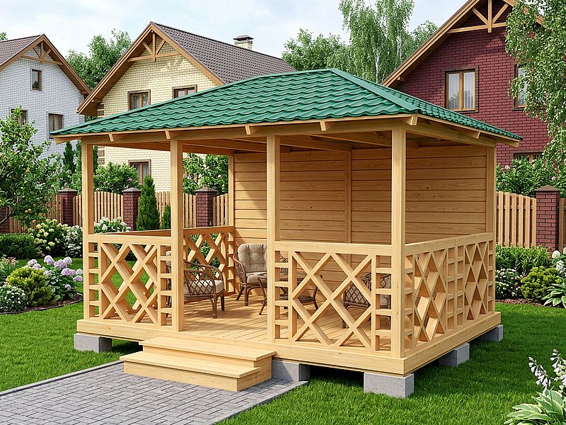 Летняя Деревянная Беседка Для Дачи С Косыми Квадратами 3х4
