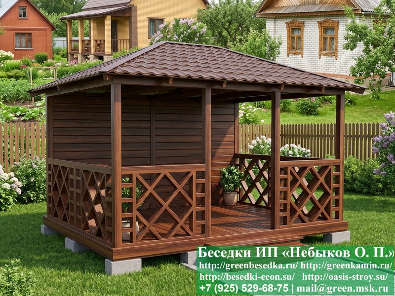 Летняя Деревянная Беседка Для Дачи С Косыми Квадратами 3х4
