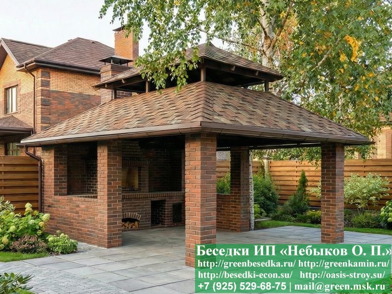 Беседка из кирпича в японском, китайском стиле 4х5 с с комплексом барбекю