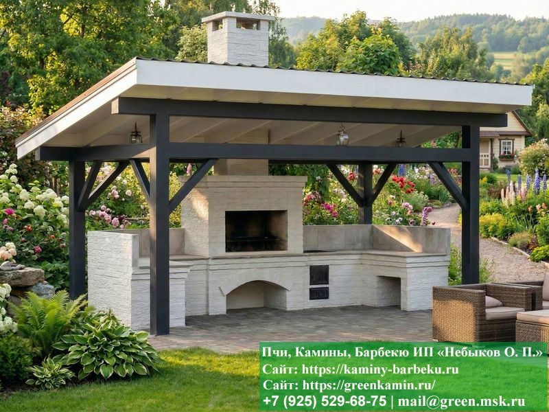 Навес под мангальную зону барбекю. Угловой комплекс барбекю под навесом