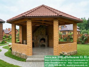 Шестиугольная беседка из кирпича с манлом-барбекю. Диаметр беседки 6 метров