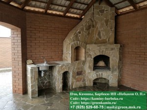 Шестиугольная беседка из кирпича с манлом-барбекю. Диаметр беседки 6 метров